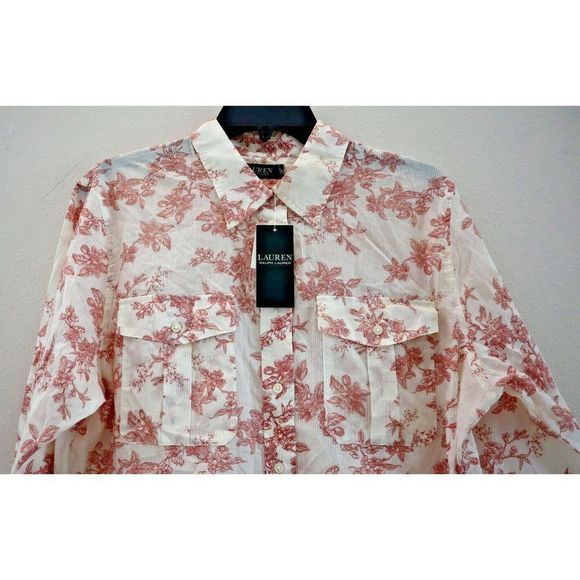 Lauren Ralph Lauren Women's Sz XL Red Floral Cuffed Collared Button Up Top $90 - Picture 3 of 8